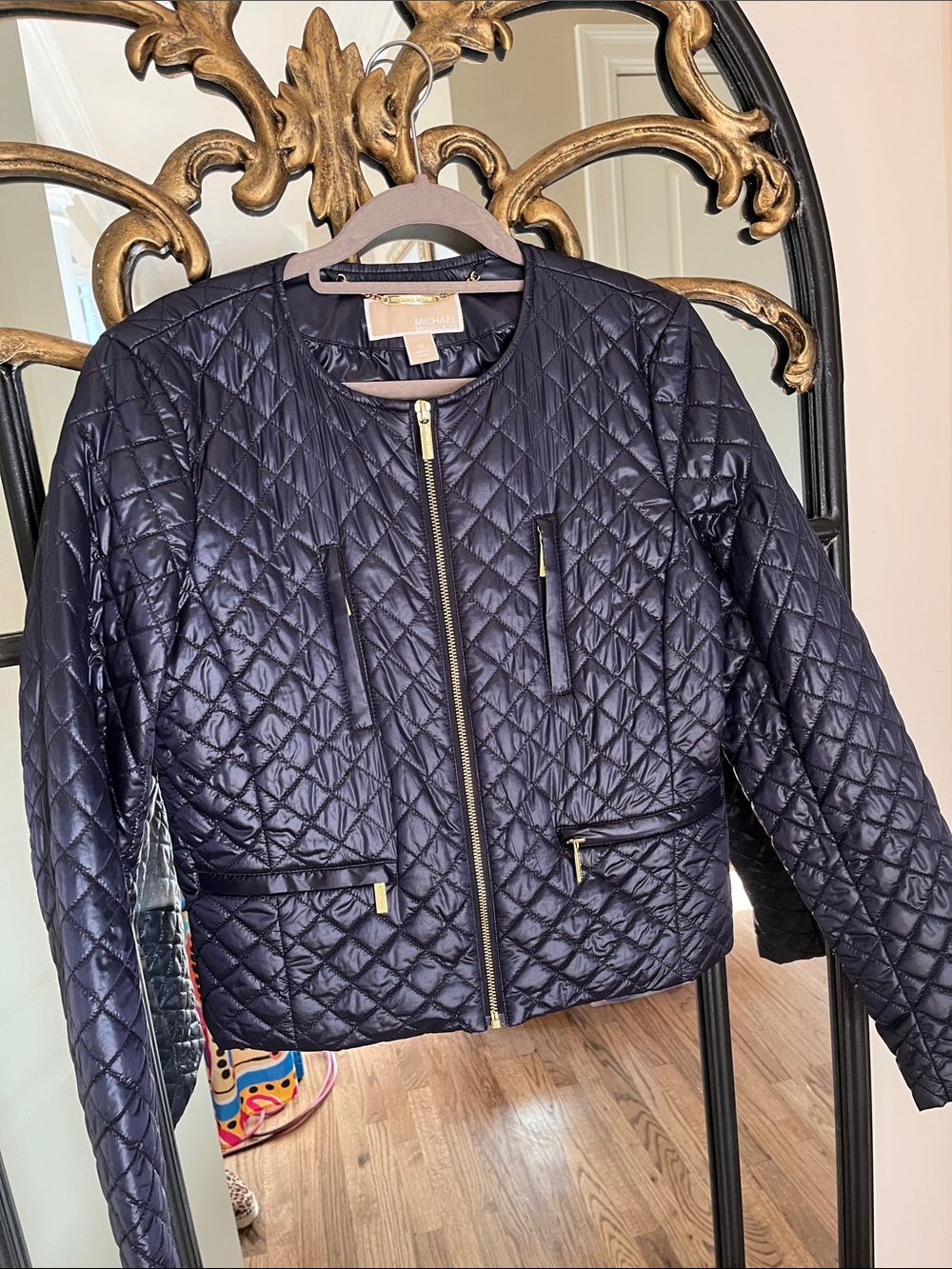 Michael Kors Navy Quilted Collarless Puffer Jacket with Gold Hardware